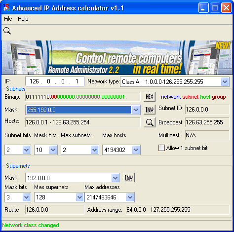 Screenshot of Advanced IP Address Calculator 1.1